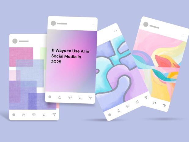 Illustration of four stylized social media posts with pastel designs, including one titled “11 Ways to Use AI in Social Media in 2025” displayed against a purple background