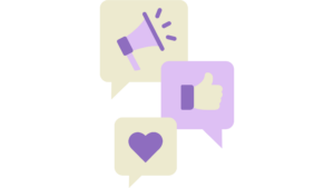 Icons of a megaphone heart and thumbs-up representing social media engagement