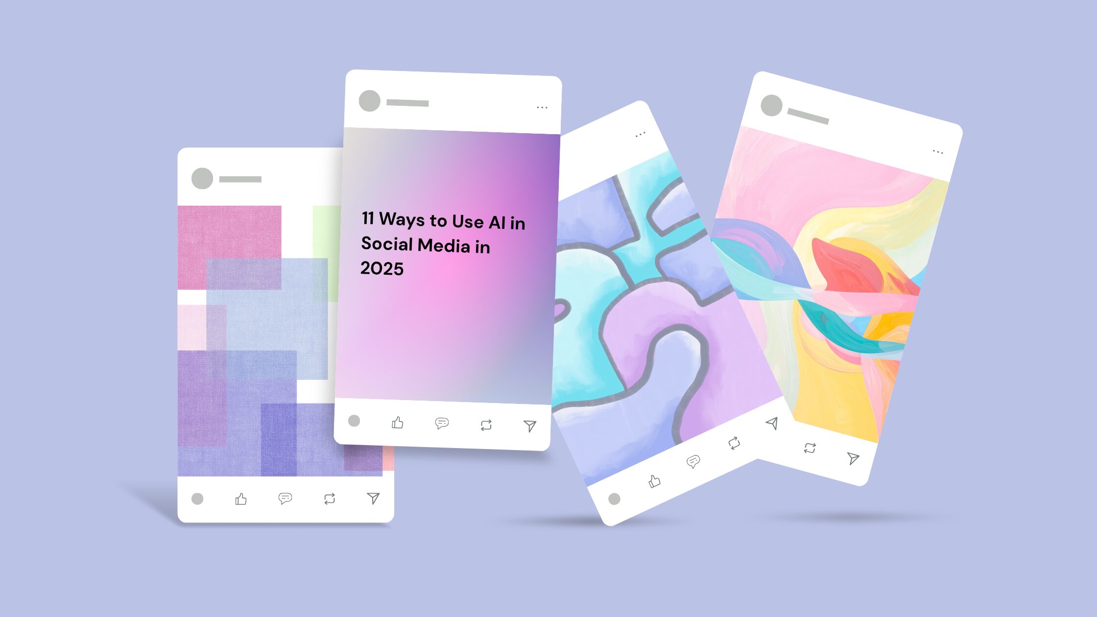 Illustration of four stylized social media posts with pastel designs, including one titled “11 Ways to Use AI in Social Media in 2025” displayed against a purple background